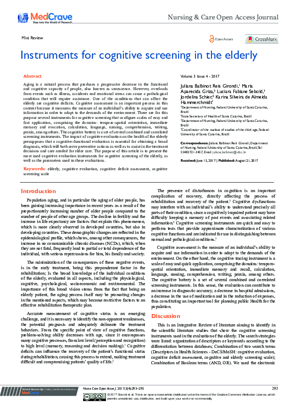 (PDF) Instruments for Cognitive Screening in the Elderly