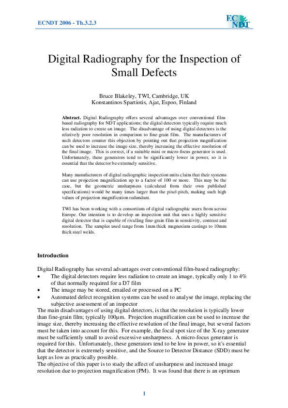 (PDF) Digital radiography for the inspection of small defects