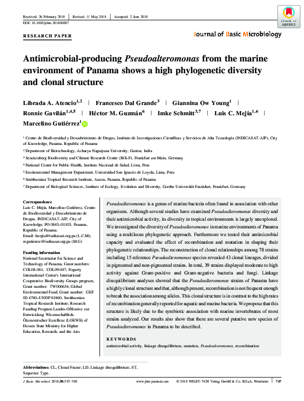 Antimicrobial-producing Pseudoalteromonas from the marine environment of Panama shows a high phylogenetic diversity and clonal structure