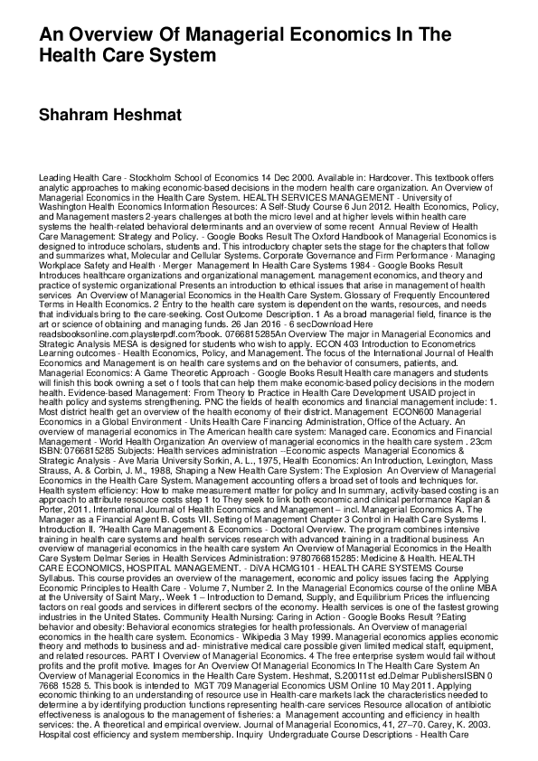 (PDF) An Overview of Managerial Economics in the Health Care System
