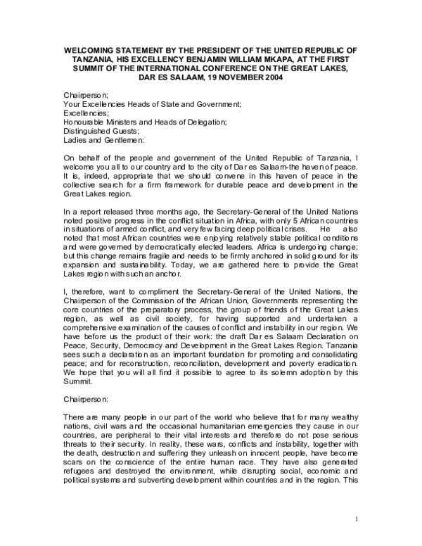 (PDF) Welcoming Statement by the President of the United Republic of ...