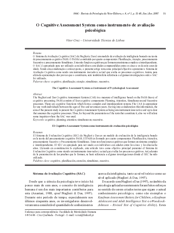 (PDF) The Cognitive Assessment System as Instrument of Psychological ...