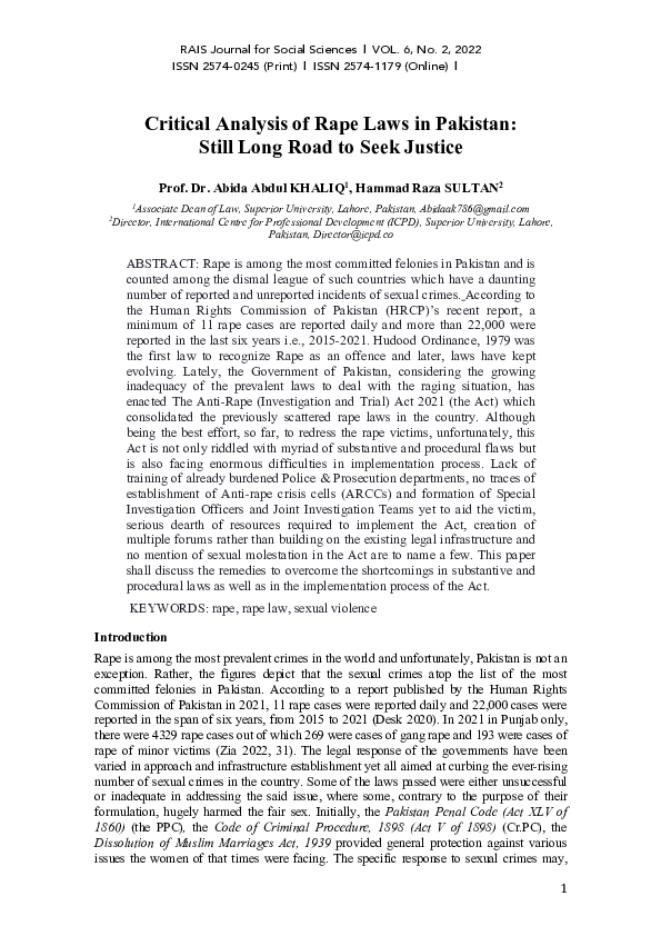 (PDF) Critical Analysis of Rape Laws in Pakistan: Still Long Road to ...