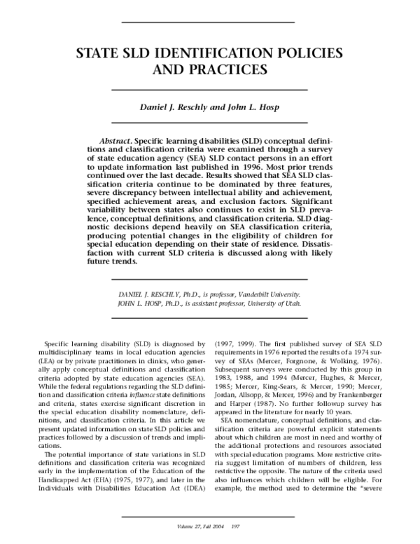 (PDF) State SLD Identification Policies and Practices | Daniel Reschly ...