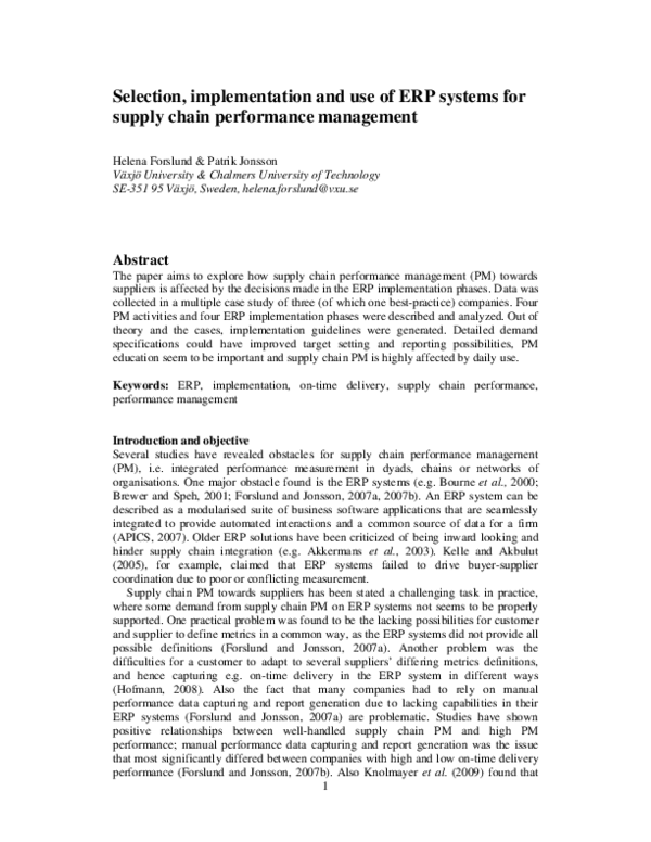 (PDF) Selection, implementation and use of ERP systems for supply chain ...