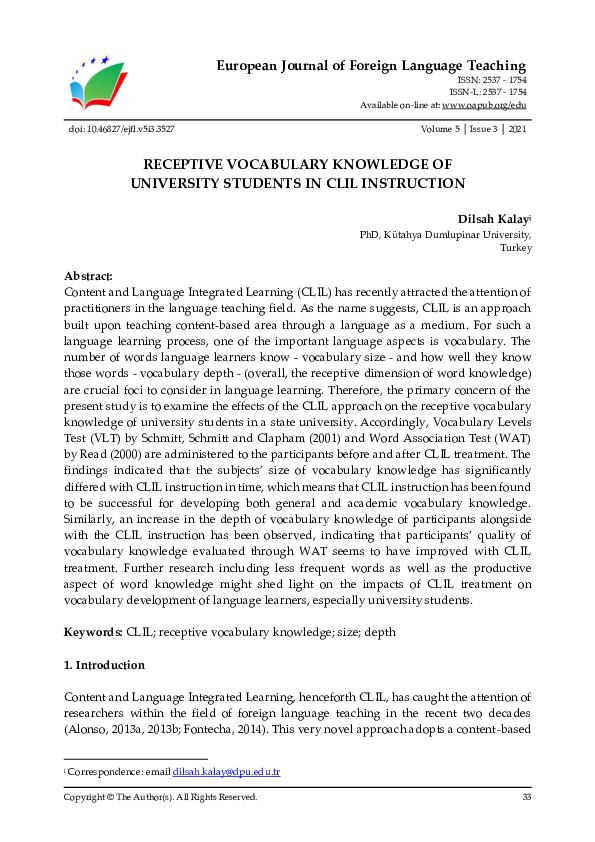 (PDF) Receptive Vocabulary Knowledge of University Students in Clil ...