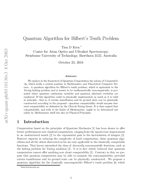 (PDF) Quantum Algorithm for Hilbert's Tenth Problem