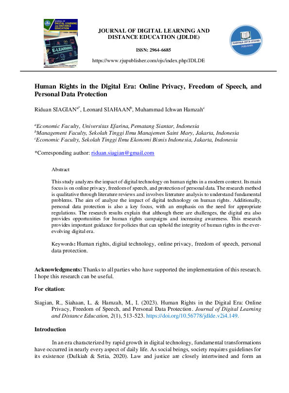(PDF) Human Rights in The Digital Era: Online Privacy, Freedom Of ...