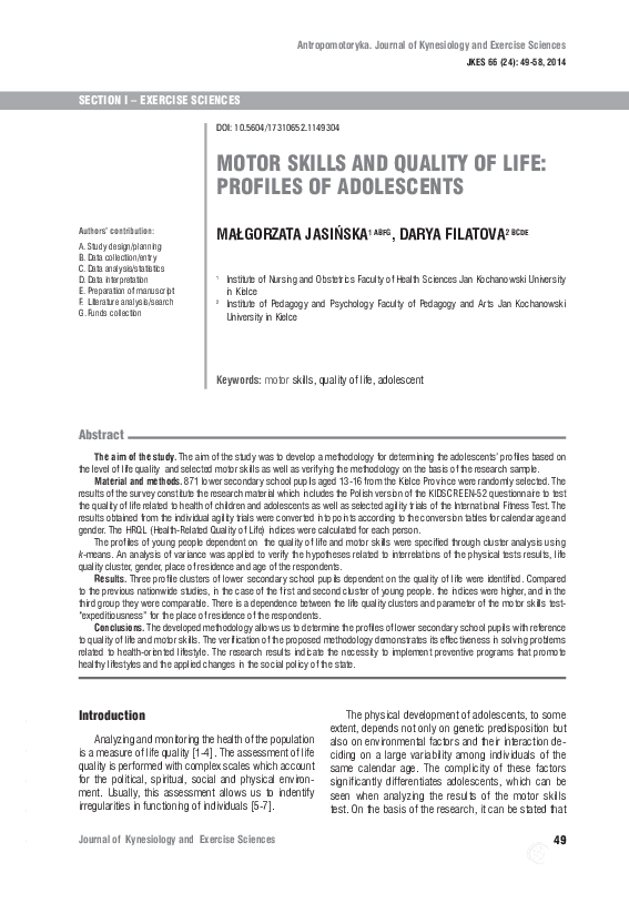 (PDF) Motor skills and quality of life: profiles of adolescents