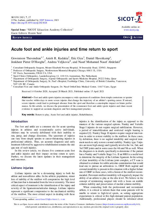 (PDF) Acute foot and ankle injuries and time return to sport