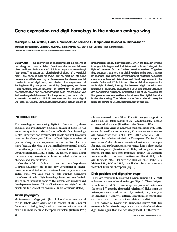 (PDF) Gene expression and digit homology in the chicken embryo wing