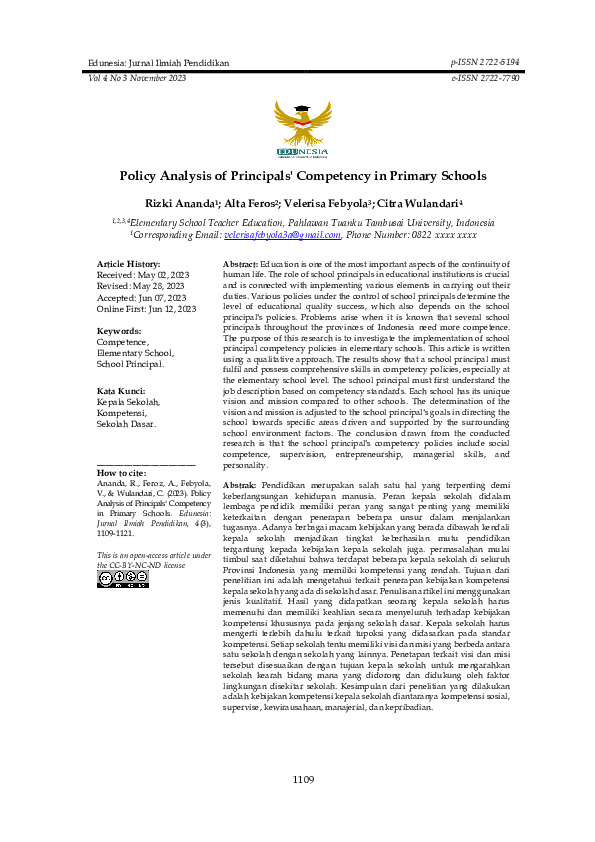 (PDF) Policy Analysis of Principals' Competency in Primary Schools