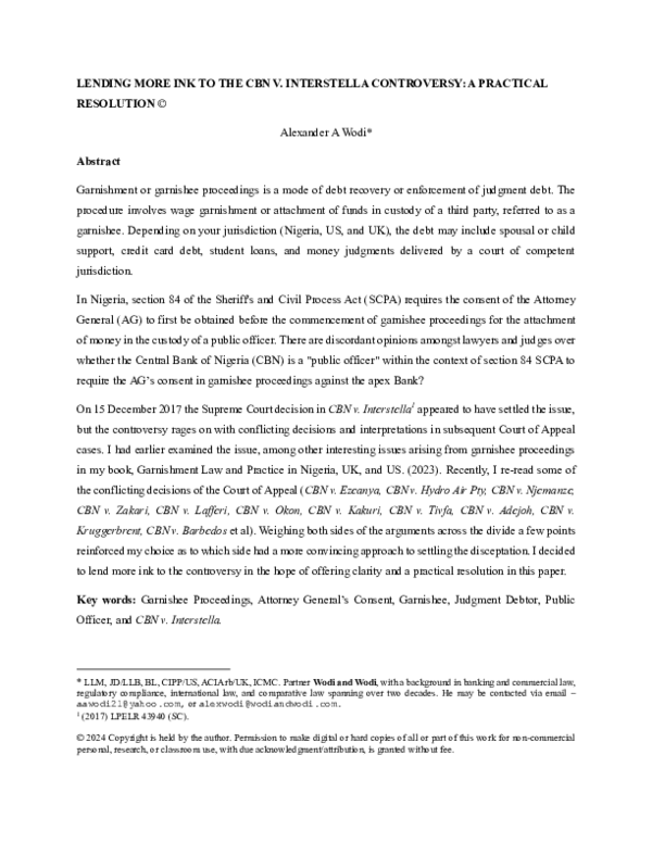 (PDF) LENDING MORE INK TO THE CBN V. INTERSTELLA CONTROVERSY: A ...