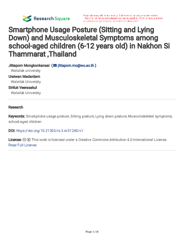 Smartphone Usage Posture (Sitting and Lying Down) and Musculoskeletal Symptoms among school-aged children (6-12 years old) in Nakhon Si Thammarat ,Thailand