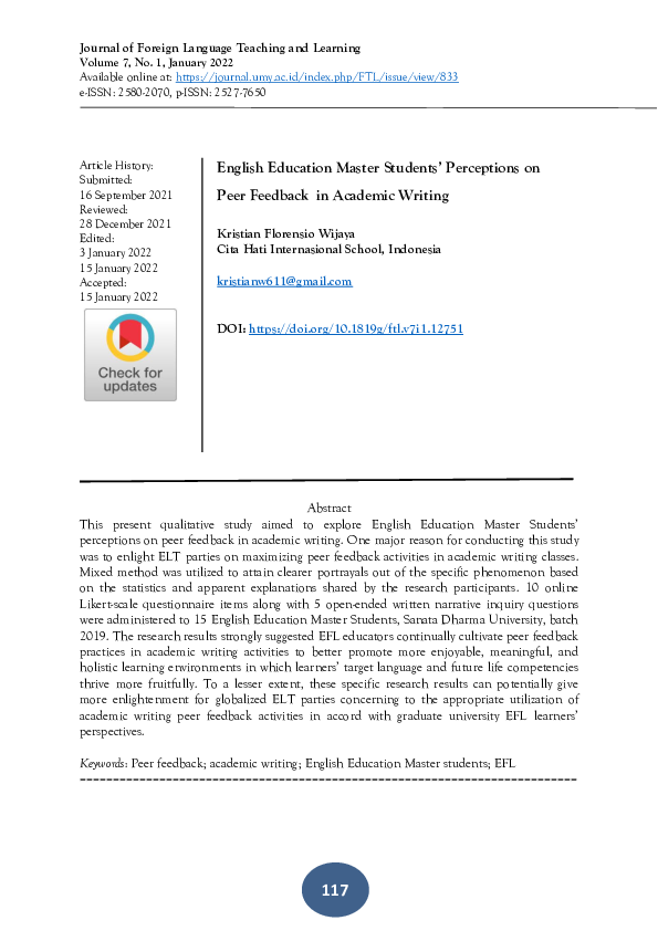 (PDF) English Education Master Students' Perceptions on Peer Feedback ...