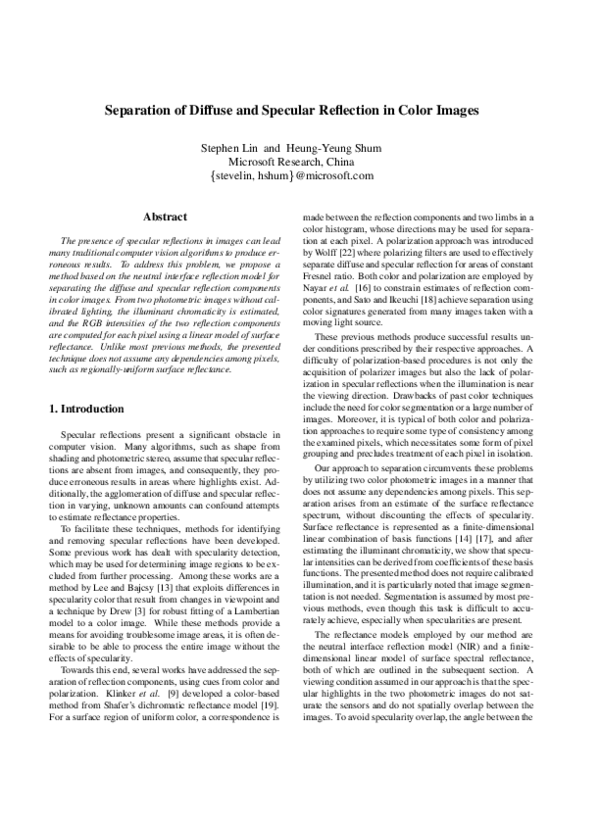 (PDF) Separation of diffuse and specular reflection in color images