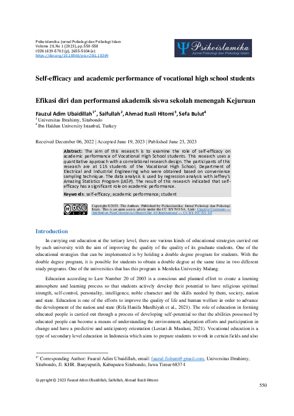 (PDF) Self-efficacy and academic performance of vocational high school ...