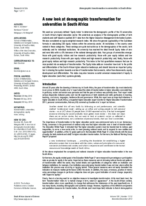 (PDF) new look at demographic transformation for universities in South ...