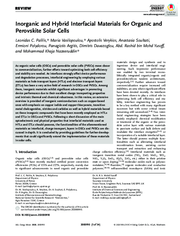 (PDF) Inorganic and Hybrid Interfacial Materials for Organic and ...