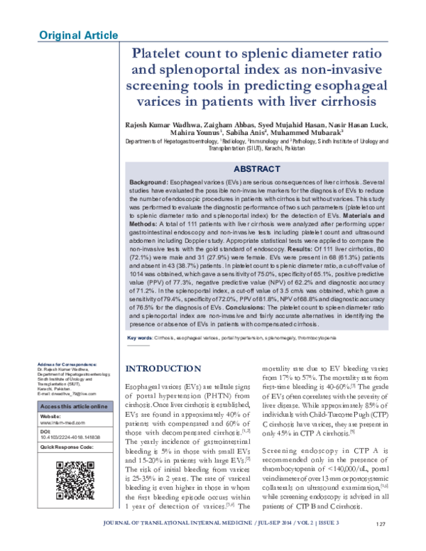 (PDF) Platelet count to splenic diameter ratio and splenoportal index ...