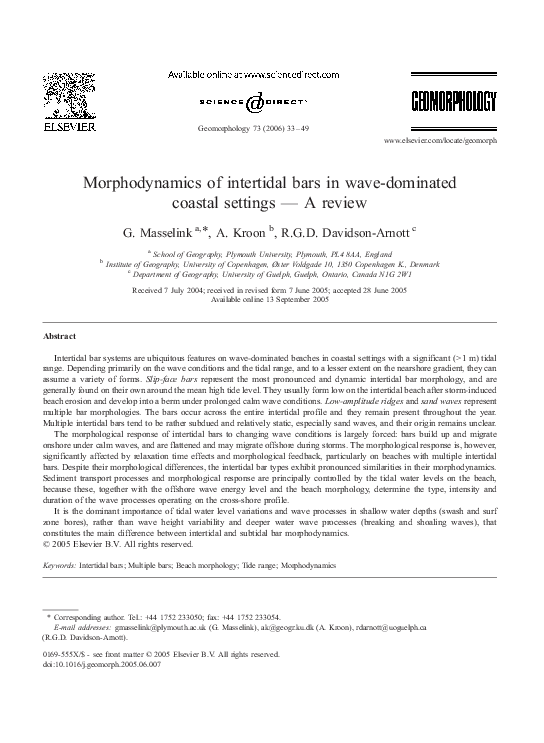 (PDF) Morphodynamics of intertidal bars in wave-dominated coastal ...