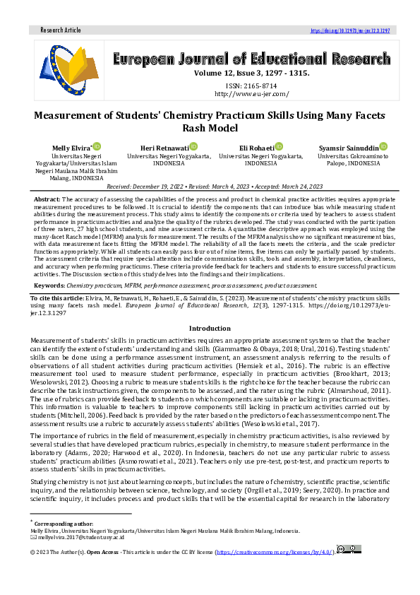 (PDF) Measurement of Students' Chemistry Practicum Skills Using Many ...