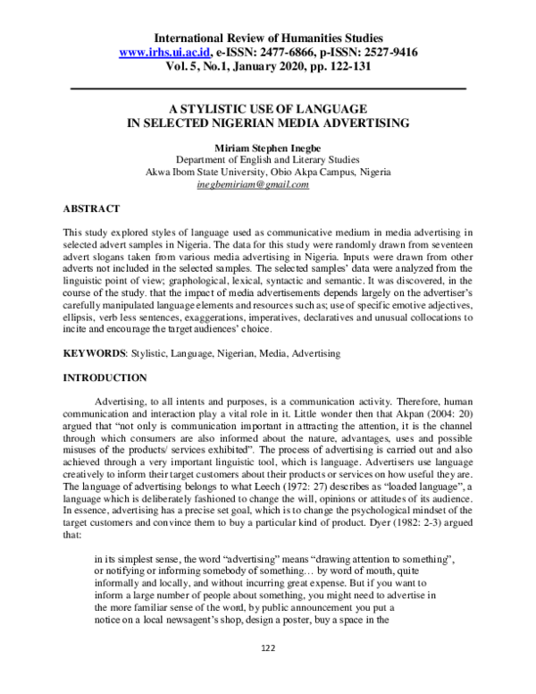 (PDF) A Stylistic Use of Language in Selected Nigerian Media Advertising
