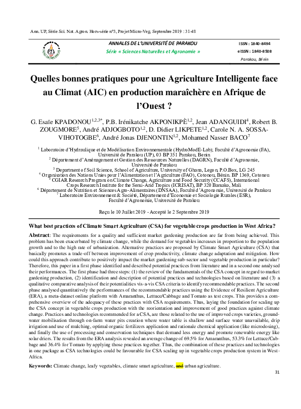 (PDF) What best practices of Climate Smart Agriculture (CSA) for ...