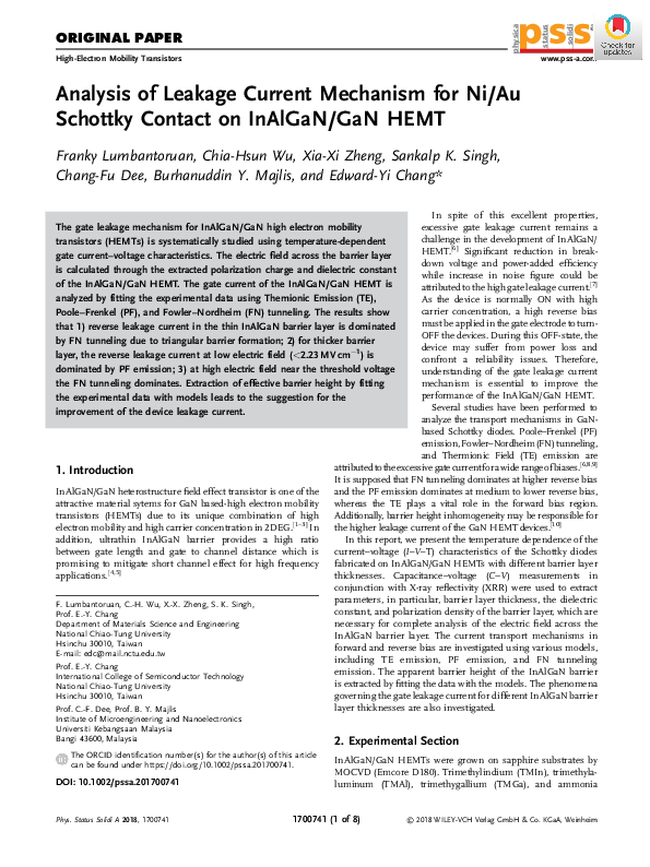 (PDF) Analysis of Leakage Current Mechanism for Ni/Au Schottky Contact ...