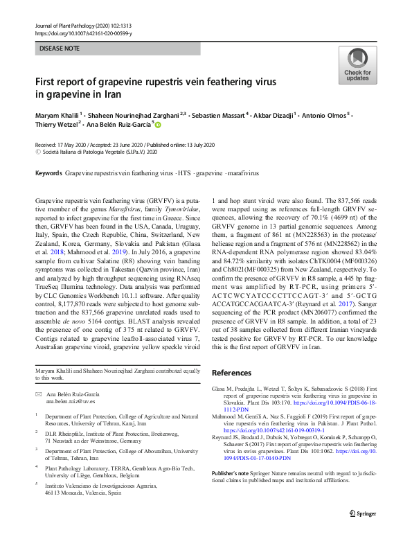 (PDF) First report of grapevine rupestris vein feathering virus in ...