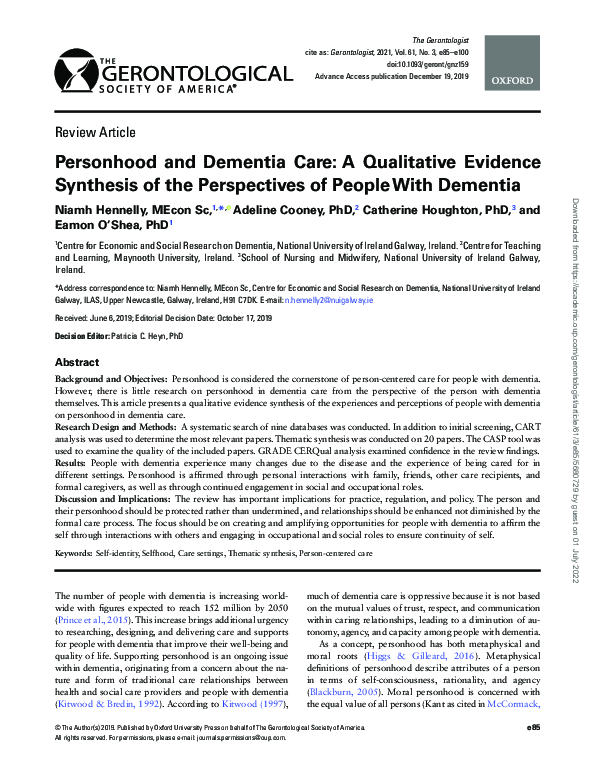 (PDF) Personhood and Dementia Care: A Qualitative Evidence Synthesis of ...
