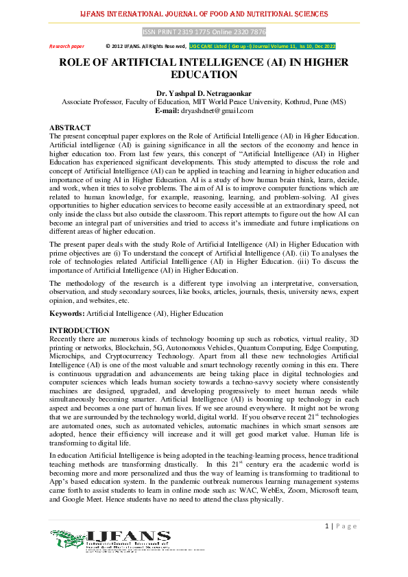 (PDF) ROLE OF ARTIFICIAL INTELLIGENCE (AI) IN HIGHER EDUCATION