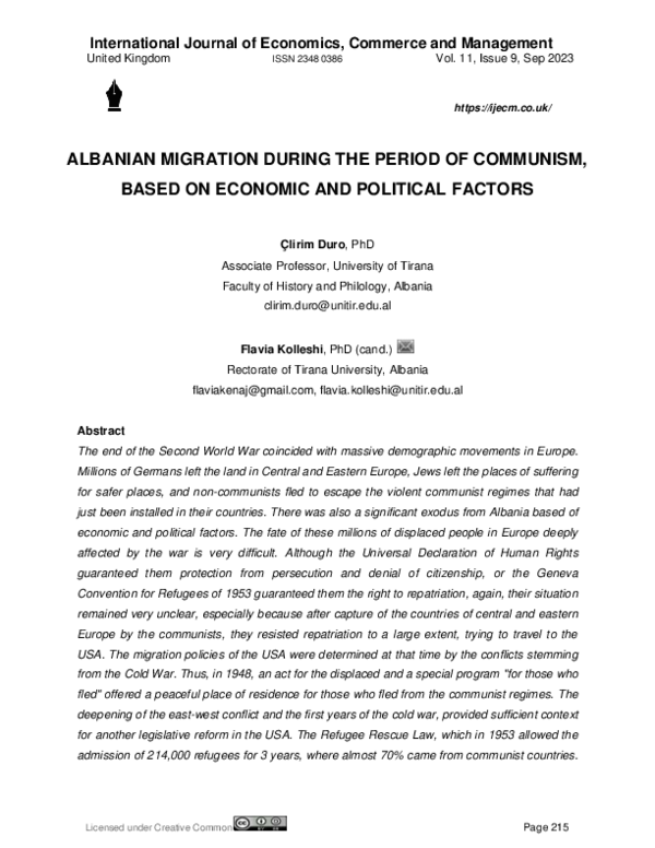 ALBANIAN MIGRATION DURING THE PERIOD OF COMMUNISM, BASED ON ECONOMIC AND POLITICAL FACTORS