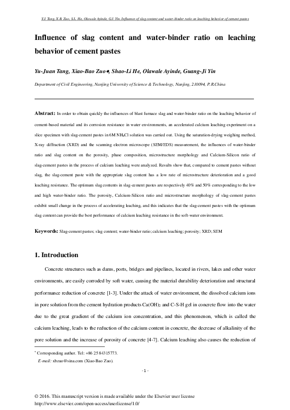 (PDF) Influence of slag content and waterbinder ratio on leaching