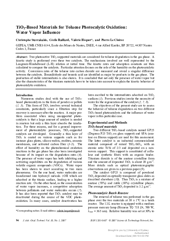 (PDF) TiO2-Based Materials for Toluene Photocalytic Oxidation: Water ...
