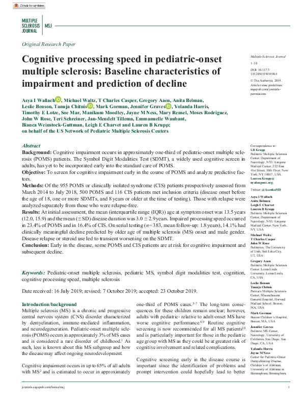 Cognitive processing speed in pediatric-onset multiple sclerosis: Baseline characteristics of impairment and prediction of decline