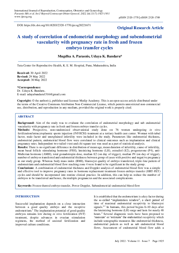 A study of correlation of endometrial morphology and subendometrial vascularity with pregnancy rate in fresh and frozen embryo transfer cycles