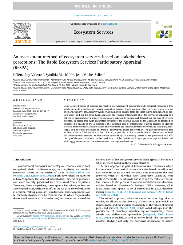 (PDF) An assessment method of ecosystem services based on stakeholders ...