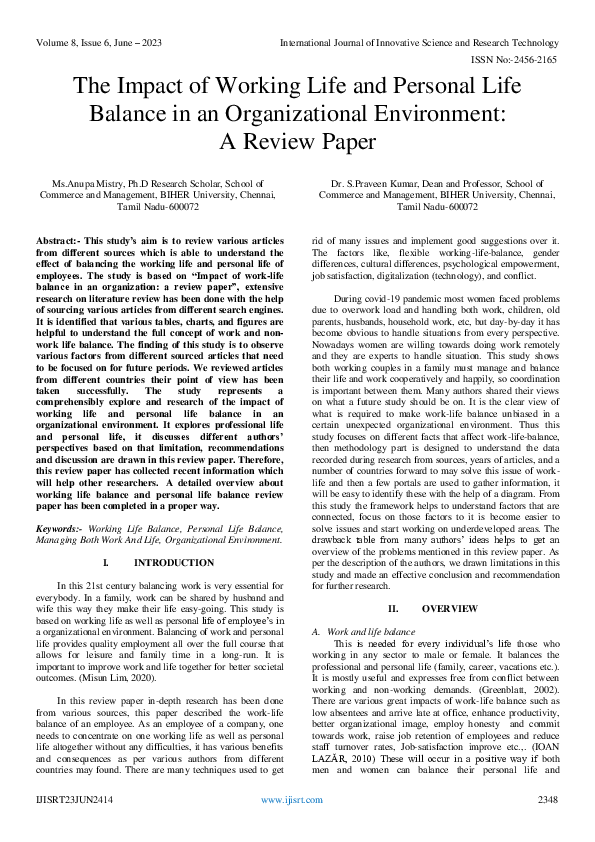(PDF) The Impact of Working Life and Personal Life Balance in an ...