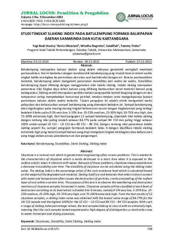 (PDF) Studi Tingkat Slaking Index pada Batulempung Formasi Balikpapan ...