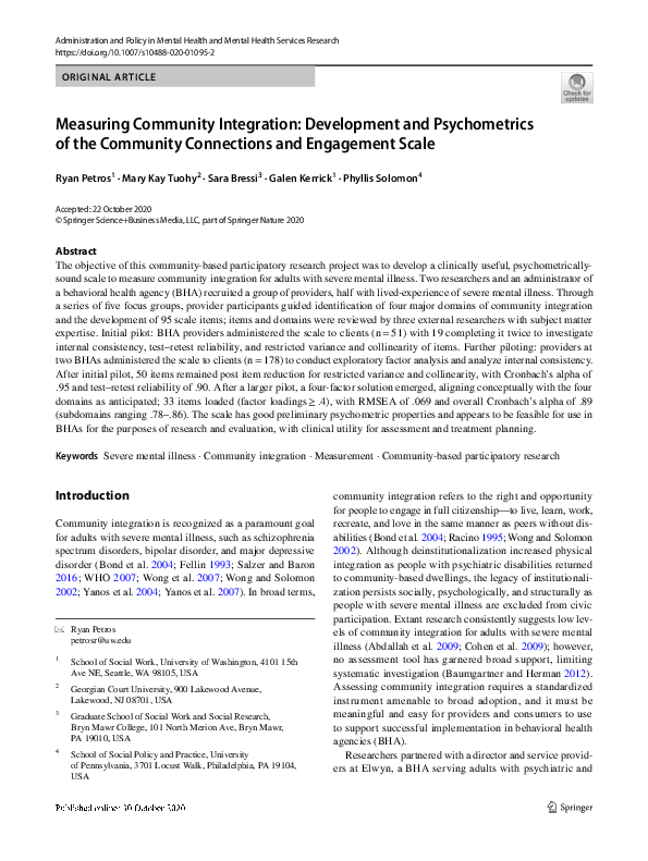 (PDF) Measuring Community Integration: Development and Psychometrics of ...