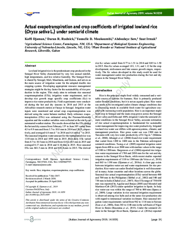 (PDF) Actual evapotranspiration and crop coefficients of irrigated ...