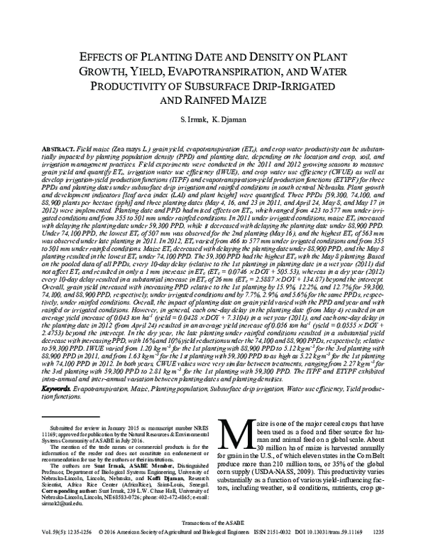 (PDF) Effects of Planting Date and Density on Plant Growth, Yield ...
