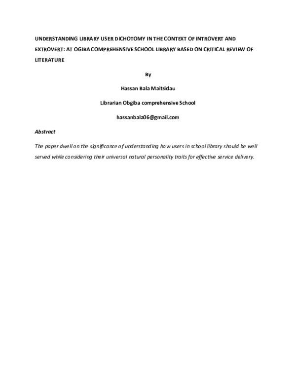 (DOC) UNDERSTANDING LIBRARY USER DICHOTOMY IN THE CONTEXT OF INTROVERT ...
