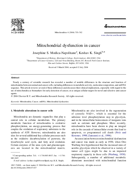 (PDF) Mitochondrial dysfunction in cancer
