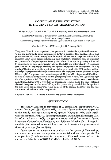 (PDF) Molecular systematic study in the genus Linum (Linaceae) in Iran