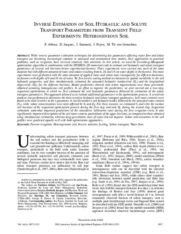(PDF) Inverse Estimation of Soil Hydraulic and Solute Transport ...