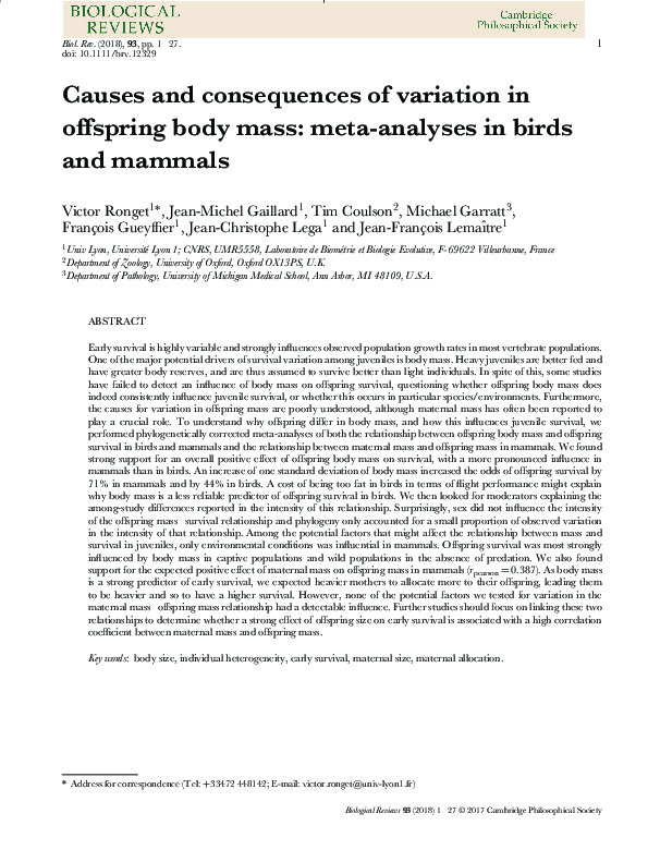 (PDF) Causes and consequences of variation in offspring body mass: meta ...