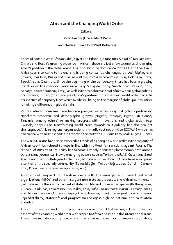 (PDF) Africa and the Changing World Order – Call for Chapters into this ...