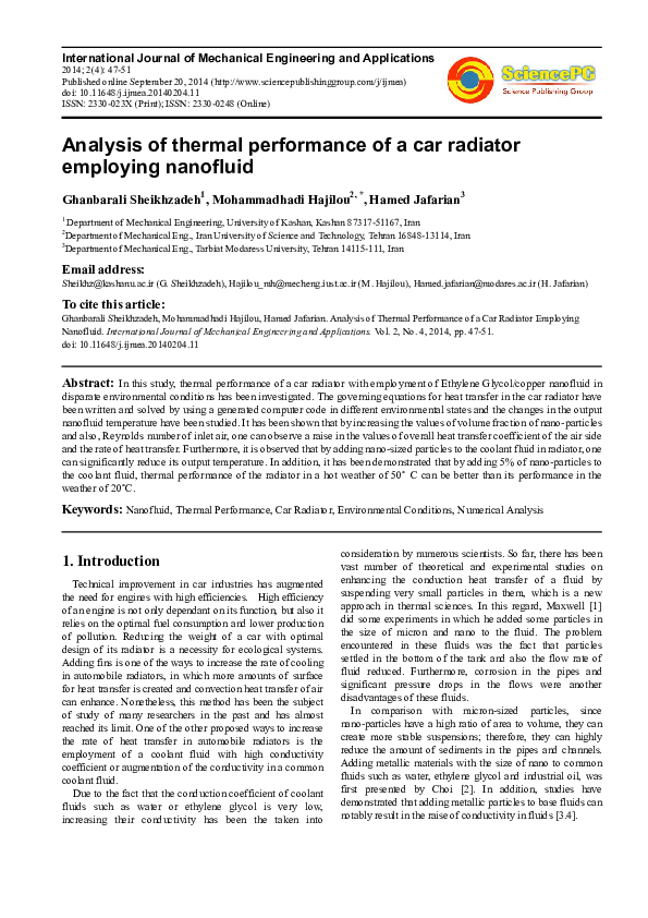 (PDF) Analysis of Thermal Performance of a Car Radiator Employing Nanofluid